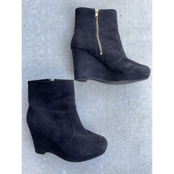 H&M Black Gold Side Zip Women's 3.5 Inch Wedge Heel Bootie Boot Shoe Size 9 - Picture 3 of 7